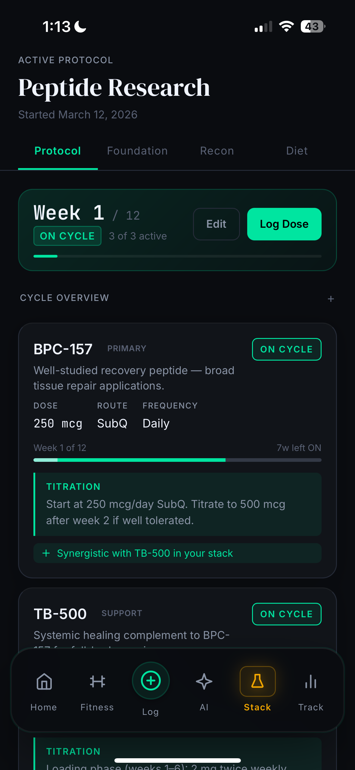 PeptideAI protocol screen: week 1 of 12, BPC-157 on cycle with dose, route, frequency and titration schedule